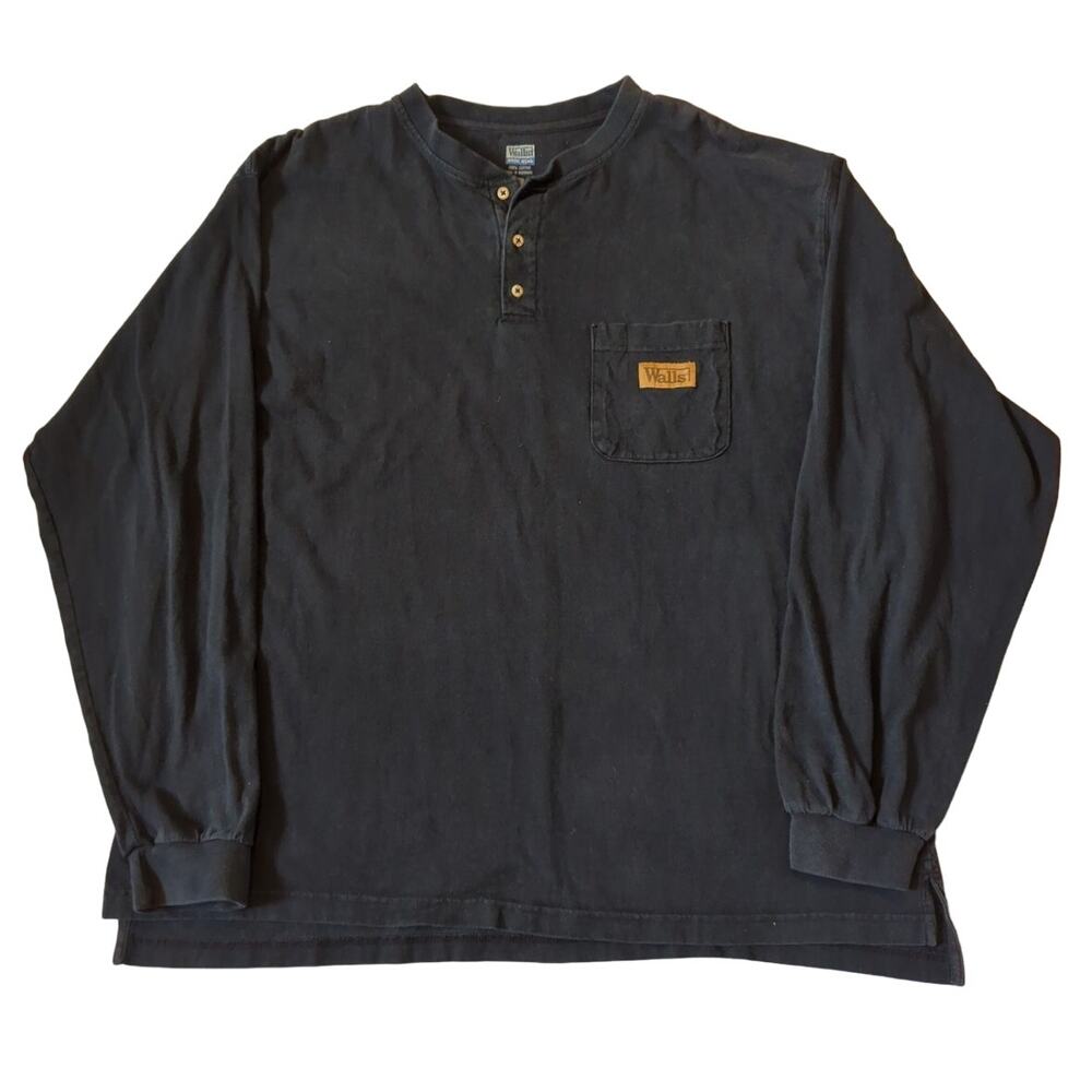 Walls Work Wear Black Long Sleeve 3 Button Henley 100% Cotton Men's Size XL